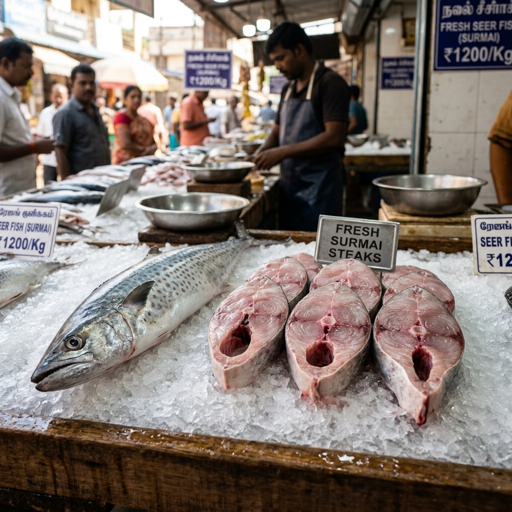 Fresh fish and seafood on ice